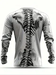 Men's Halloween Skull Skeleton Long Sleeve T-Shirt, Breathable Elastic Stretchy Polyester Fabric for Festive Parties, Meme and Fun Style, Fitted and Sporty
