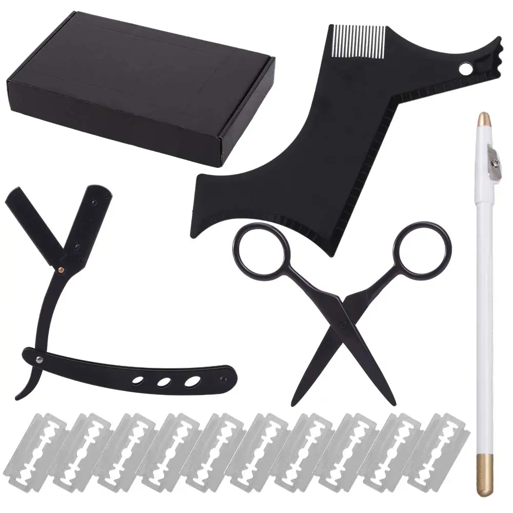 Men's 5PCS Stainless Steel Professional Haircare Beard Shaping Kit, Barber Equipment with Razor, Template, Blades, Barber Pencil, Scissors (Sports & Outdoor Accessories)