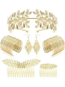 Gold Greek Goddess Costume Jewellery Set for Women Gold Roman Laurel Leaf Crown Headbands Bracelet Hair Accessories Tiara Earrings Bridal Wedding Headpiece Toga Party Halloween, Fashionable Jewelry Set, Alloy Steel