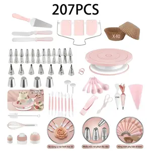 207 Pcs Cake Decorating Supplies Kit with Rotating Turntable Stand, 100 Piping Bags, 48 Icing Tips, 3 Couplers, 3 Scrapers, Spatulas, Baking Tools Set for Beginners & Pros, Cake Turntable for Frosting, Birthday Cakes