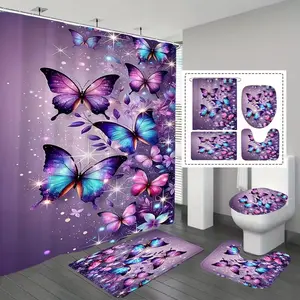 1/4pcs Purple background with butterfly pattern shower curtain set, festive design, includes non-slip mat, U-shaped rug, and toilet seat cover. Perfect for Bathroom Decoration Accessories, beautifies the space. Comes with 12 shower curtain hooks.