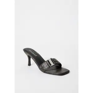 JUSTFAB Women Vintage Buckle 3-Inch Kitten Heel Slip On Sandal Trendy Square Toe Slide Sandals Chic Black Buckle Kitten Heels Minimalist Modern Trendy Summer Sandals