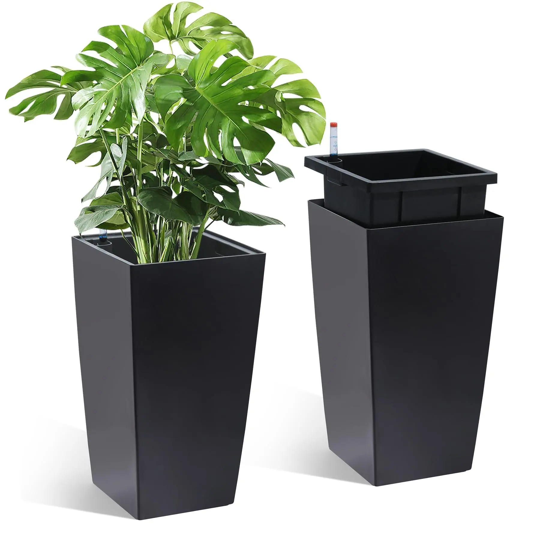 Black 16" Tall Planters Set of 2, Outdoor＆Indoor Black Planter Pots, High Front Porch Planter Pots with Drainage Holes＆Water Level Monitor＆Inner Bucket