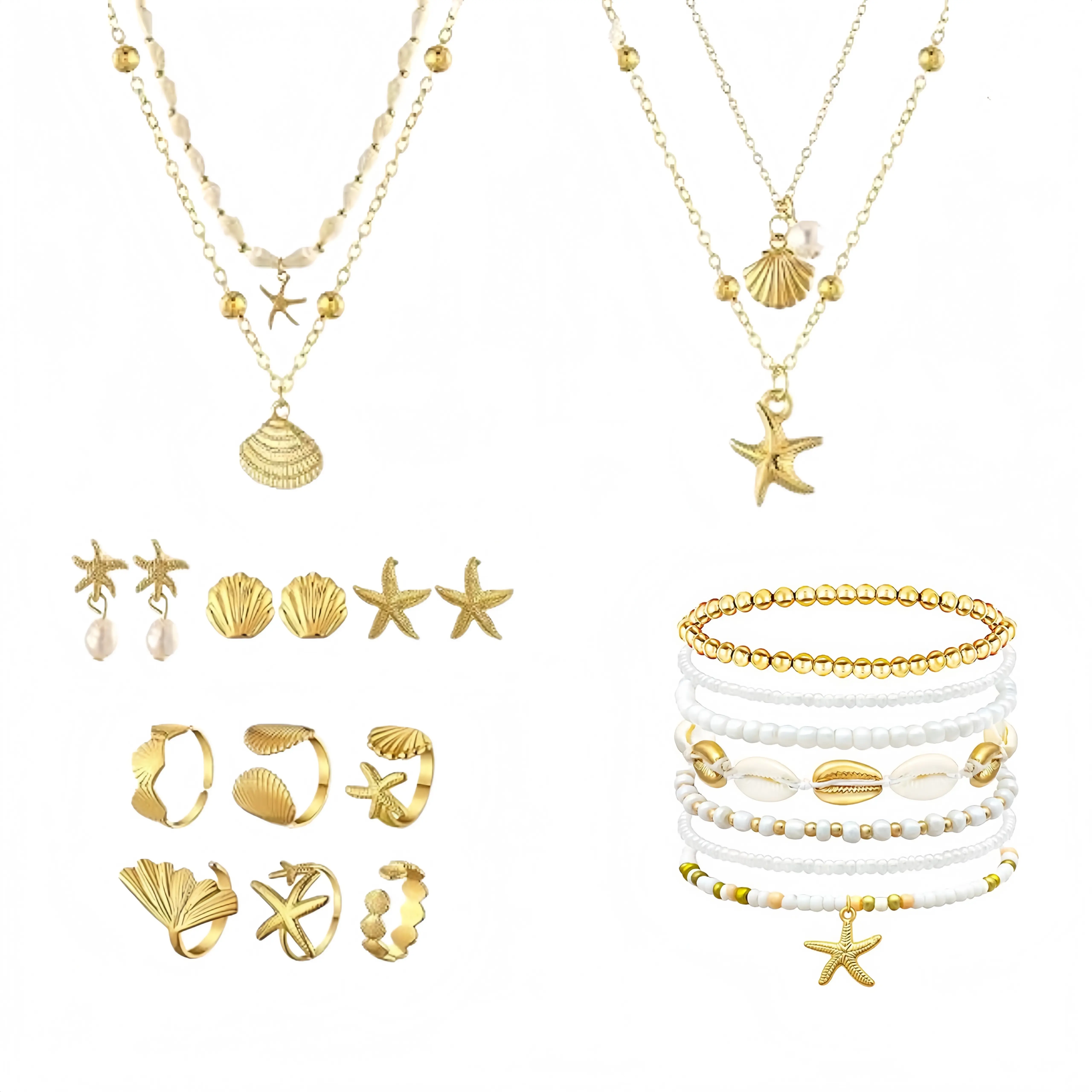 Women's 15-Piece Alloy Ocean Themed Jewelry Set - Seashell, Starfish Layered Charm Necklace, Stud & Hook Earrings, Rings for Beach Summer Holiday Accessory