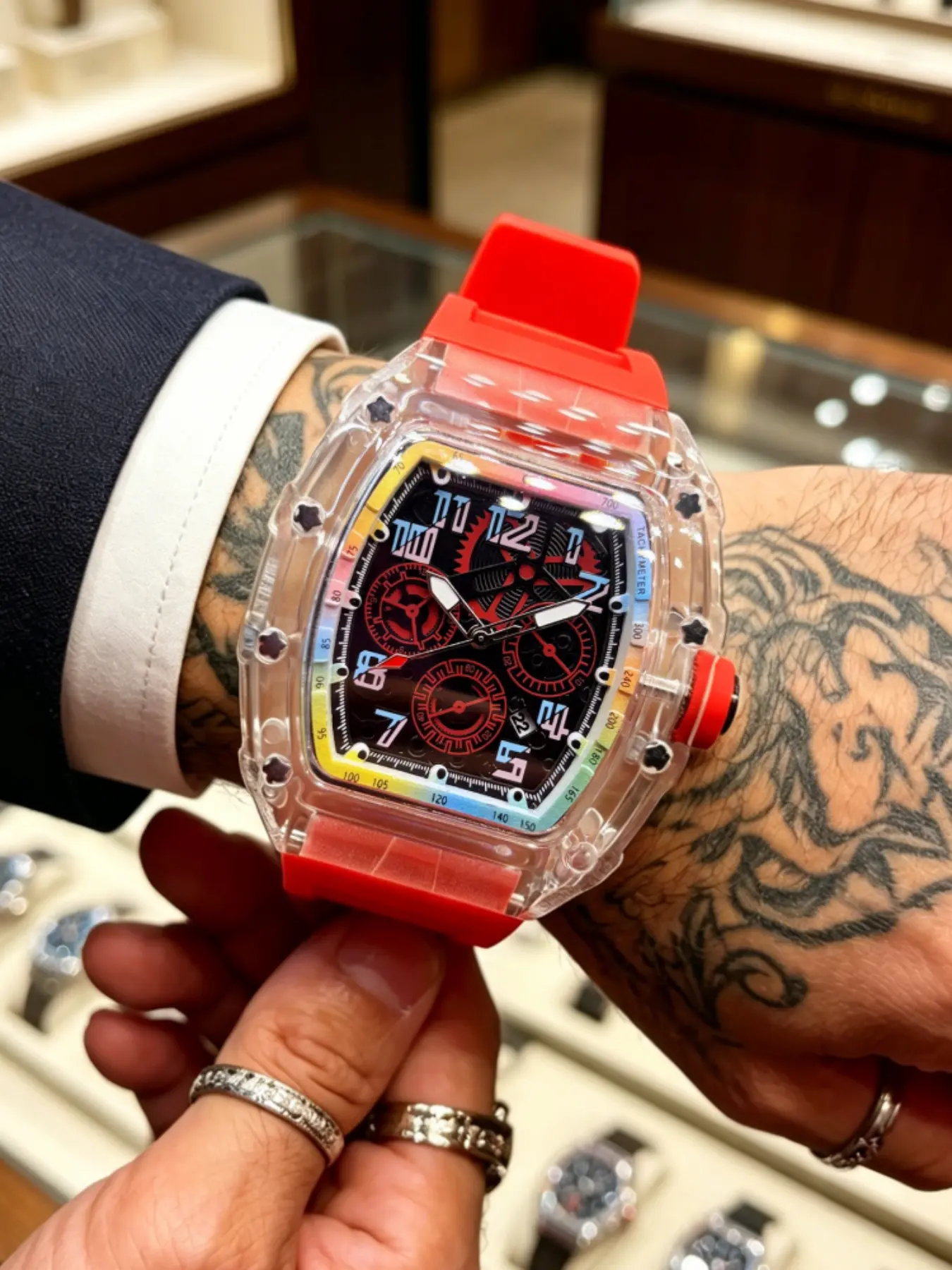 New Transparent Barrel-Shaped Men's Quartz Wrist Watches, Rainbow Dial Waterproof, Punk Style, Multi-Functional Luxury Business Sports Watch