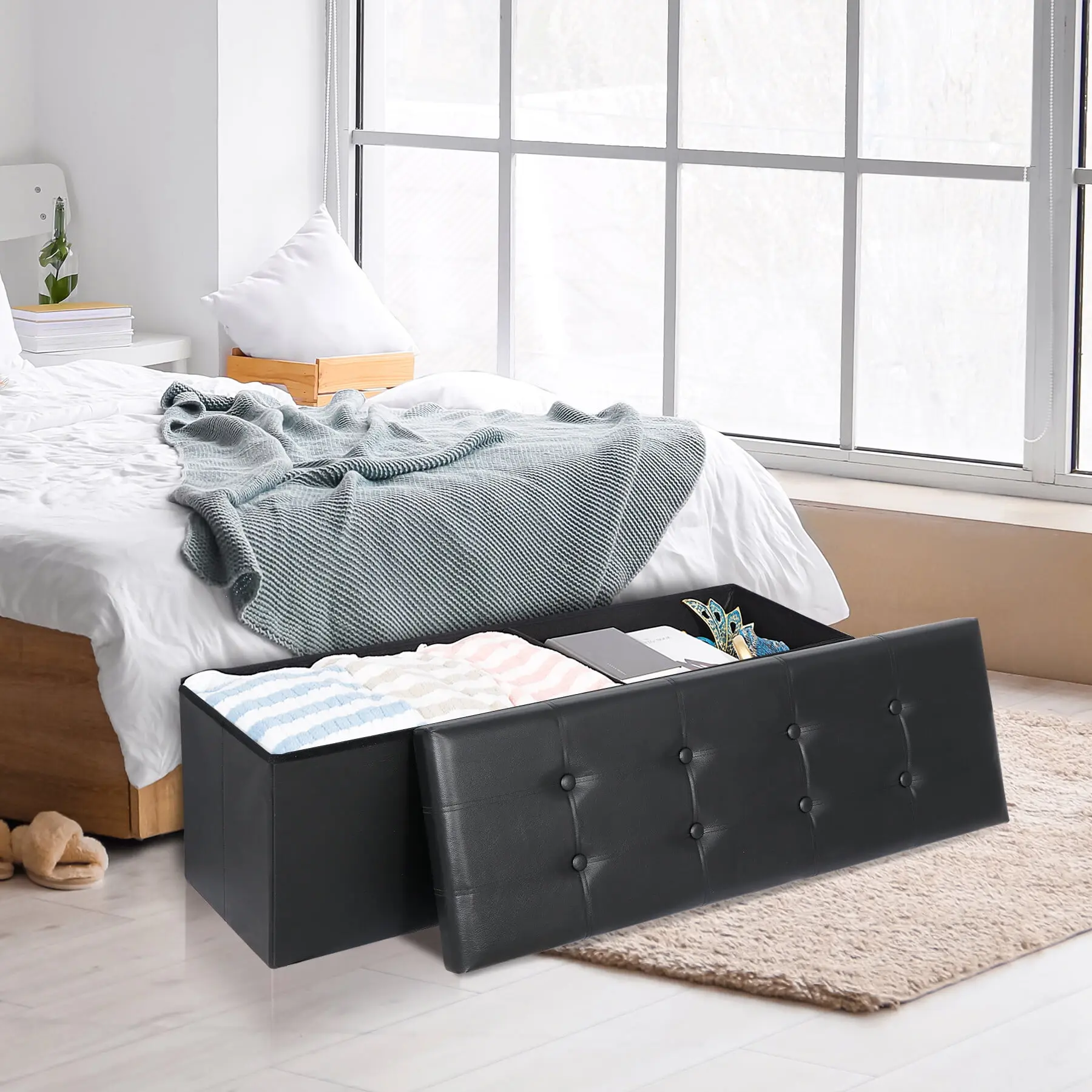 Segawe 43-Inch Collapsible Large Size Storage Ottoman Bench - Footstool with Storage, Load-Bearing 660 lb, Multi-Purpose Chest for Living Room, Bedroom, Black, Storage Organization
