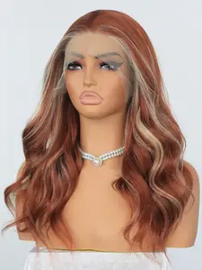 MACA BAKA Mabel Terracotta Red Blonde Highlight Lace Front Wig with Scandinavian Hairline Low Density 16 Inches Short Wavy Cooper Red HD Synthetic Lace Front Wigs for Women Pre Plucked
