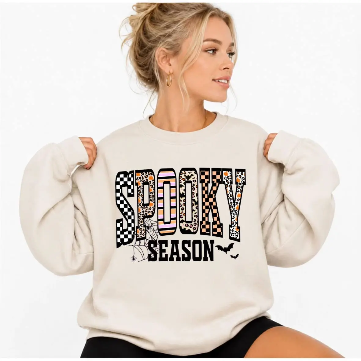 Retro Halloween Spooky Coquette Sweatshirt , Halloween Leopard Checkered Fall Pullover and Spooky Season Sweatshirt, Halloween Girly Fall Top | GHINI