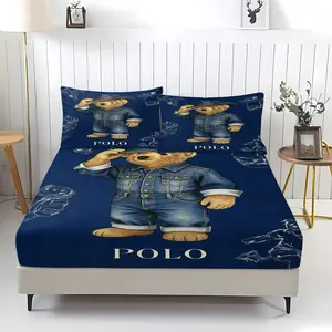 Premium teddy bear pattern bed sheet with comfortable printed pattern, including 1 bed sheet and 2 pillowcases, comfortable bedding, anti slip dust cover suitable for bedrooms and guest rooms, suitable for children or adults as gifts Bedsheet Set