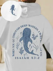 Women's Whale Shark Print Hoodie, Sweatshirts, Hooded Sweatshirts, Casual Knit Fabric, Fall & Winter Fashion, Youth Style, Loose-Fitting, Comfortable Wear, Womenswear