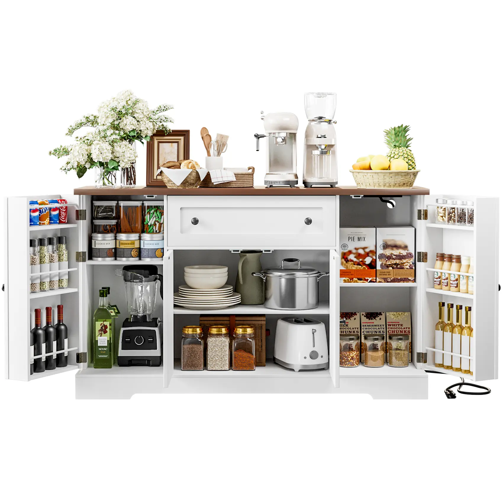 55.1" Buffet Cabinet with Storage, Charging Station, Modern Kitchen Buffet Sideboard with Drawer, Black Wood Coffee Bar with Adjustable Shelves & Spice Rack, Kitchen Storage Cabinet for Living Room