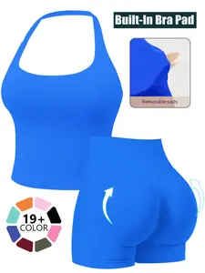 Two-Piece Set Women's Solid Color Halter Top & High Waist Shorts Sports Set, Sporty Breathable Quick Drying Outfits for Yoga Gym Workout Running, Ladies Sportswear for Summer, Quick Dry Activewear