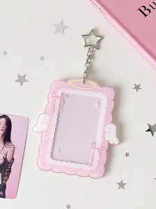 Sweet Girl 3 Inch Angel Wings Keychain Card Holder, Student Hollow Out Visible Small Card Display Case, Idol Fan Accessory