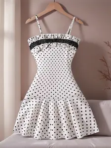 Girls' Polka Dot Strap Sleeveless Print Dress with Lace Trimmed Hem, Elegant Slim Fit Design for Stylish Sweet Cute Fashion, Perfect for Summer