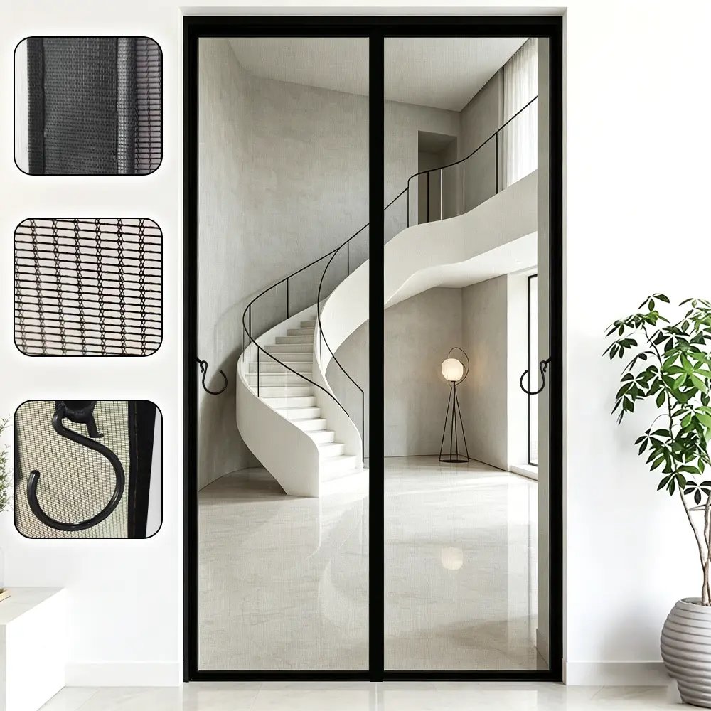 AIYYIPA Magnetic Screen Door with Storage Hooks, Black Middle Split Auto Self-Closing Mesh Curtain, Hands-Free Entry, Keep Bugs Out While Letting Fresh Breeze In, Tool-Free Easy Installation Screen Net for Home Doorways