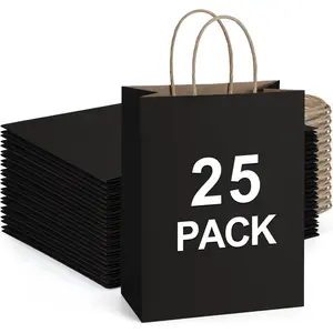 25 count Black  Bags 8x4.25x10.5  Paper for Gifts, Shopping Retail Merchandise Grocery Sacks, Black Paper Bags with Handles Bulk Medium