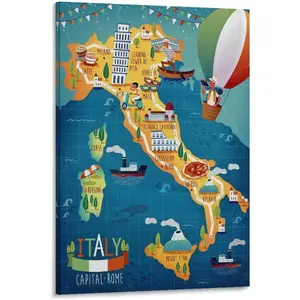 WCOCXR Italy Map Attractions, Italy Food Map Travel Map Canvas Poster Wall Art Decor Print Picture Paintings for Living Room Bedroom Decoration 08x12inch(20x30cm)
