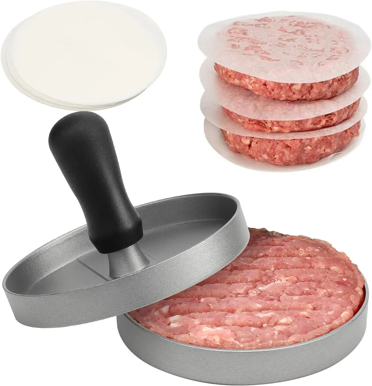 Burger Press with 150 Patty Papers, Non-Stick Hamburger Patty Maker with Wax Paper, Aluminum Burger Maker for Kitchen BBQ Grill Meat Set