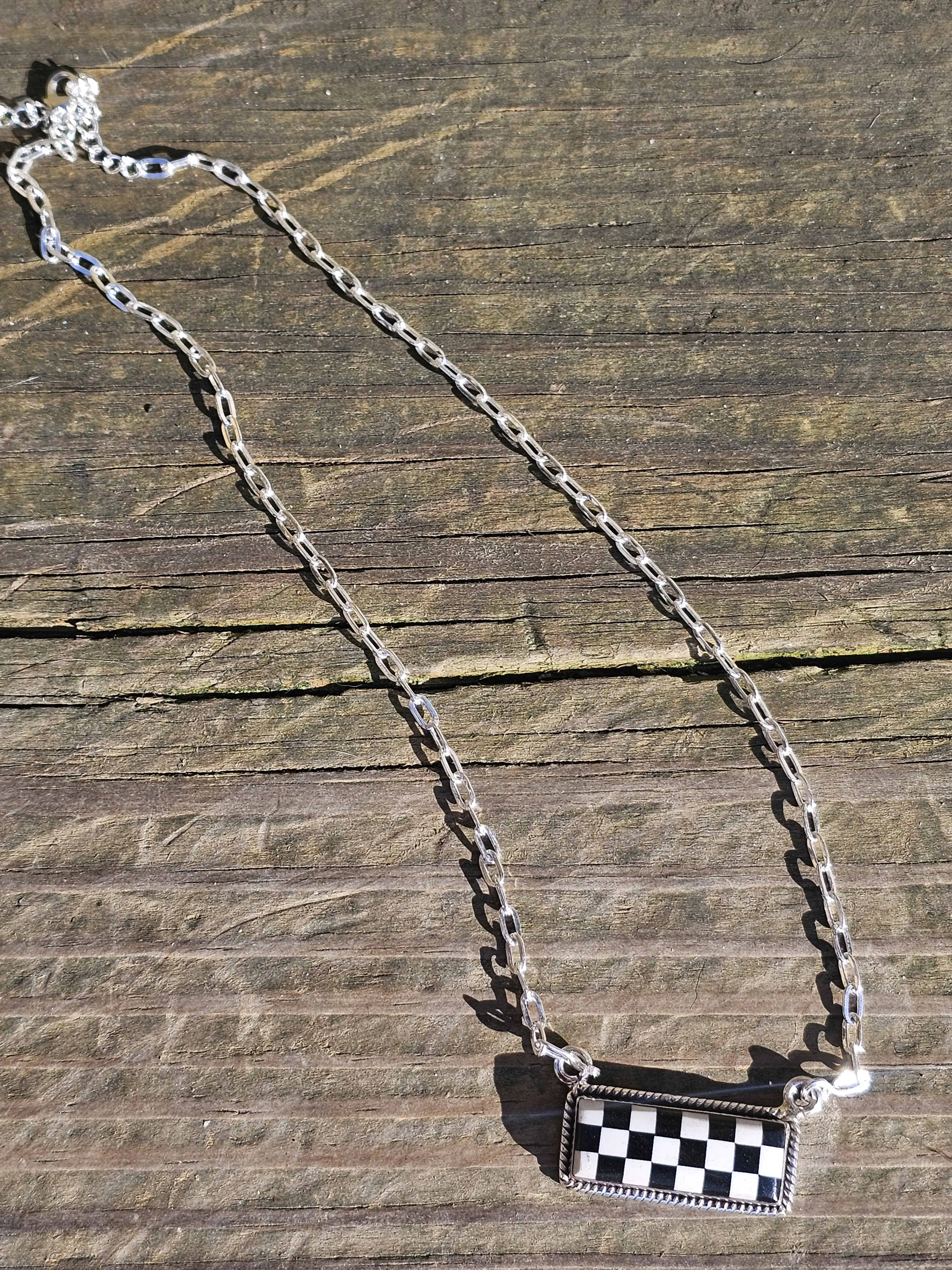 Checkerboard Bar 18" Necklace Sterling Silver