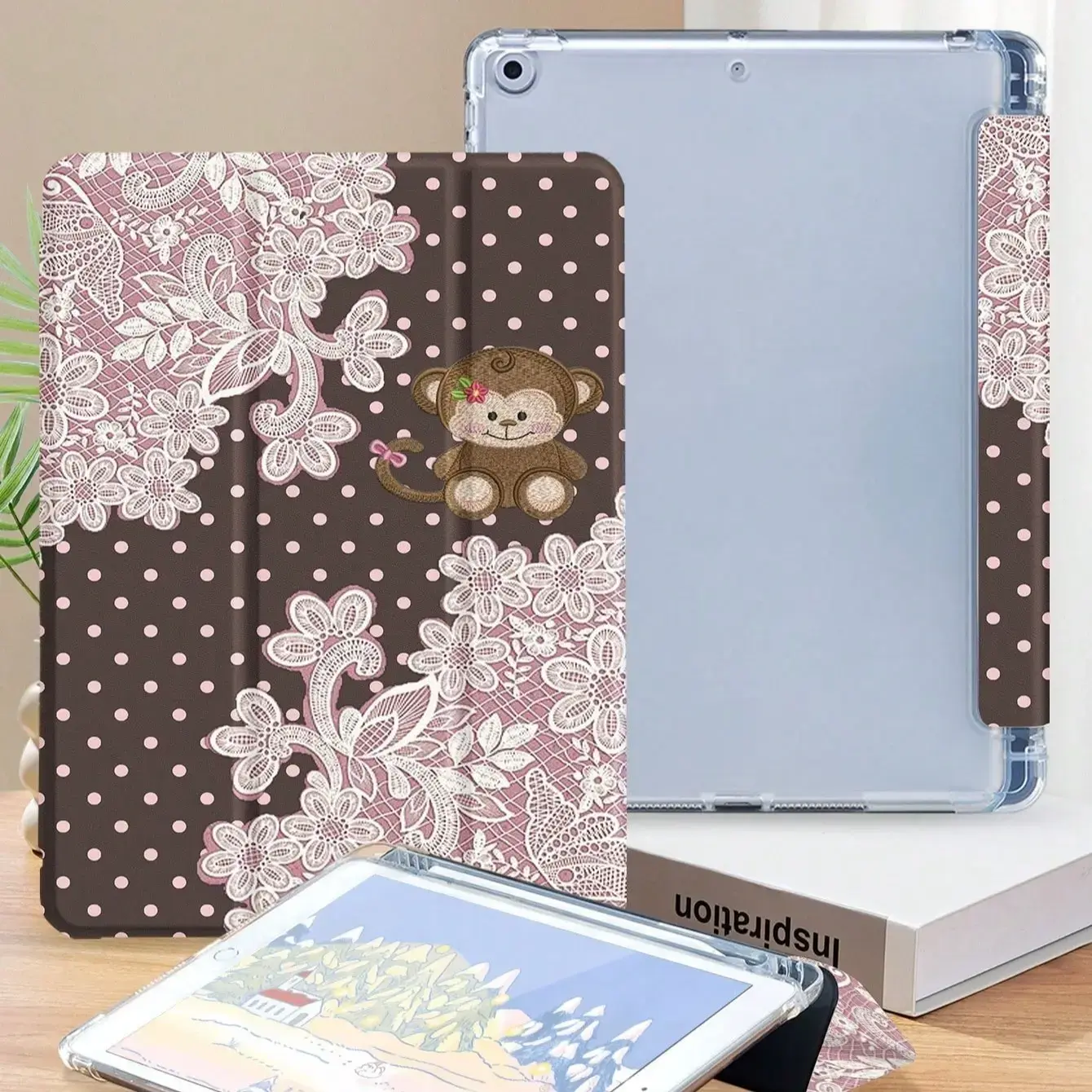 iPad Protective Case for 10.2/10.9/11 Inch, Retro Polka Dot Lace Monkey Print, Transparent Anti-Drop, Full Coverage, Pen Slot Included, Tablet Covers, Tablet Accessories tri-fold stand Kindle Book Lover Insert with Stickers clear back durable leather wake
