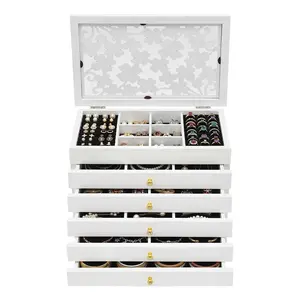 6-Layers Wooden Jewelry Box Large Luxury Ring Chest (White)