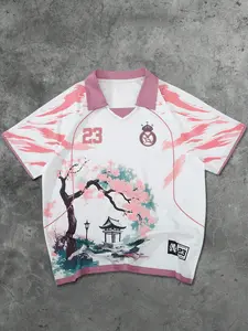 Trendy and Contrast Fitted Graphic Short Sleeve Polo Shirt, Fusion of Football Culture and Japanese Fashion, Ideal for Unique Style Lovers