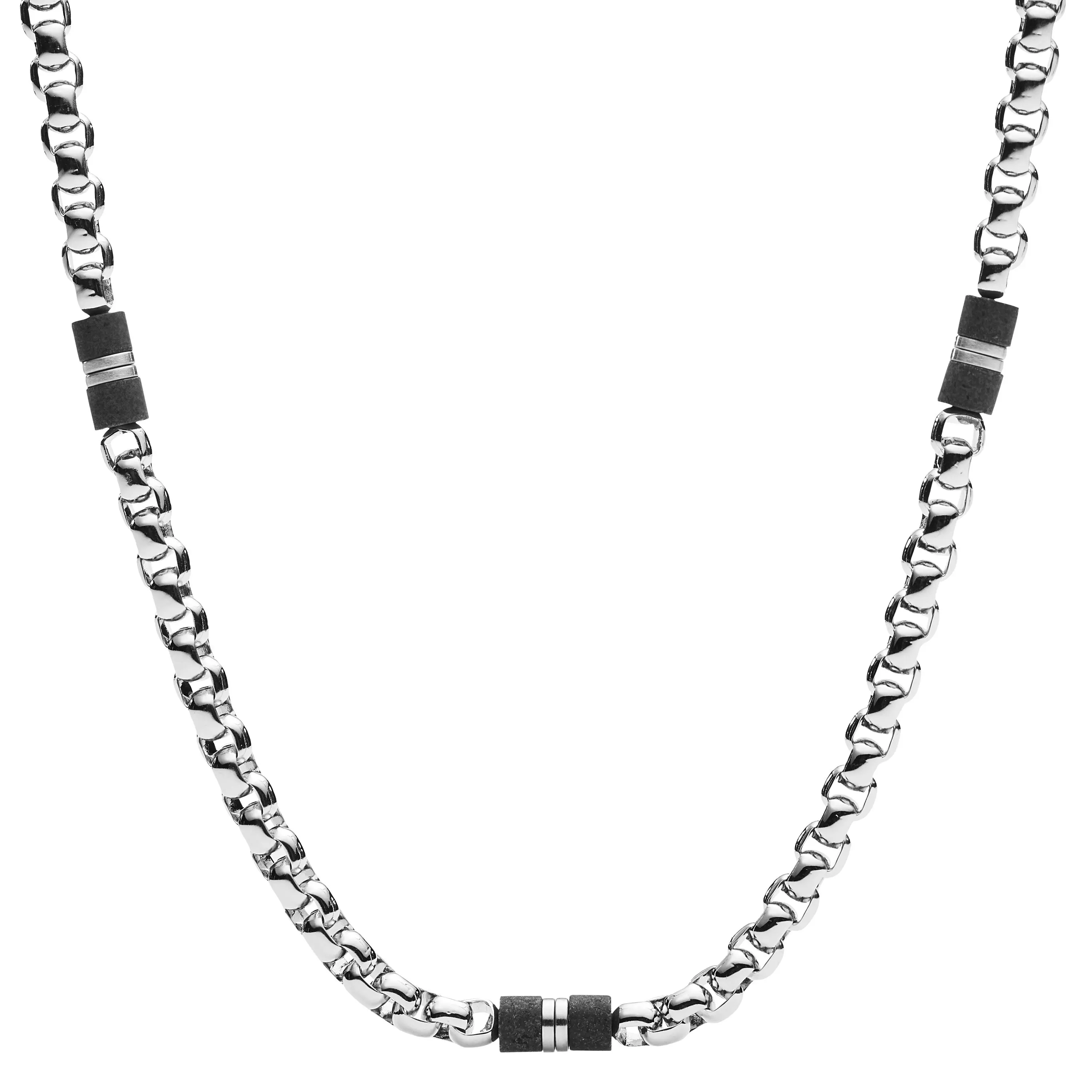 Fossil Men's Ellis Black Marble and Stainless Steel Beaded Necklace