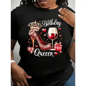 Plus Size Women’s Birthday Queen Graphic T-Shirt, Black Casual Short Sleeve Top with Red Crown, High Heels & Glitter Accents, Stretchy Polyester Blend, Machine Washable Summer Party Tee, Y2K Birthday Streetwear, Oversized Trendy Graphic Tee, Celebratory O
