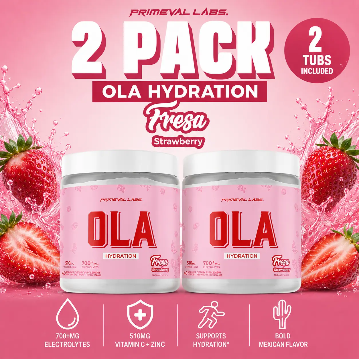 Primeval Labs OLA Hydration Fresa– 2 Pack Bundle | 80 Servings | Strawberry Electrolyte Powder with Vitamin C + Zinc