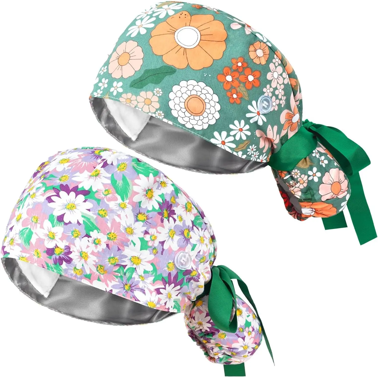 Scrub Cap, Surgical Caps for Women, Nurse Caps with Buttons Ribbon Tie, Adjustable Bouffant Nurse Hat
