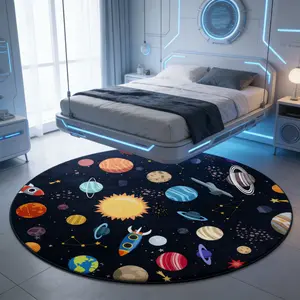 Round Cosmic Planet Print Rug, Large Area Living Room Bedroom Carpet, Washable Plush Mat, Modern Home Decor, Easy Clean, Unique Cosmic Print