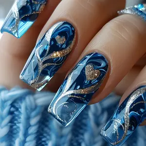 "Hot Girl" Style Glitter Heart Press-on Nails – Gold-Patterned Tube/Pipe Design (Set of 24) Press On Nails Easy Apply, Comfortable & Durable | Daily, Business & Elegant Nail Art | Summervibes