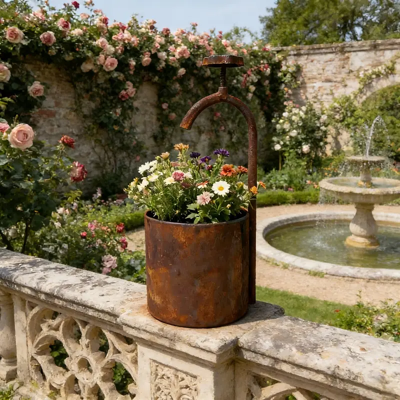 Vintage Iron Faucet Flower Pot for The Countryside, Featuring Drainage Holes, an Outdoor Garden Art Sculpture, And a Cottage-Style Plant Container, Metal Patio Planter, Outdoor Planters, Suitable for Growing Herbs, Succulents, And Flowers, Iron Pots