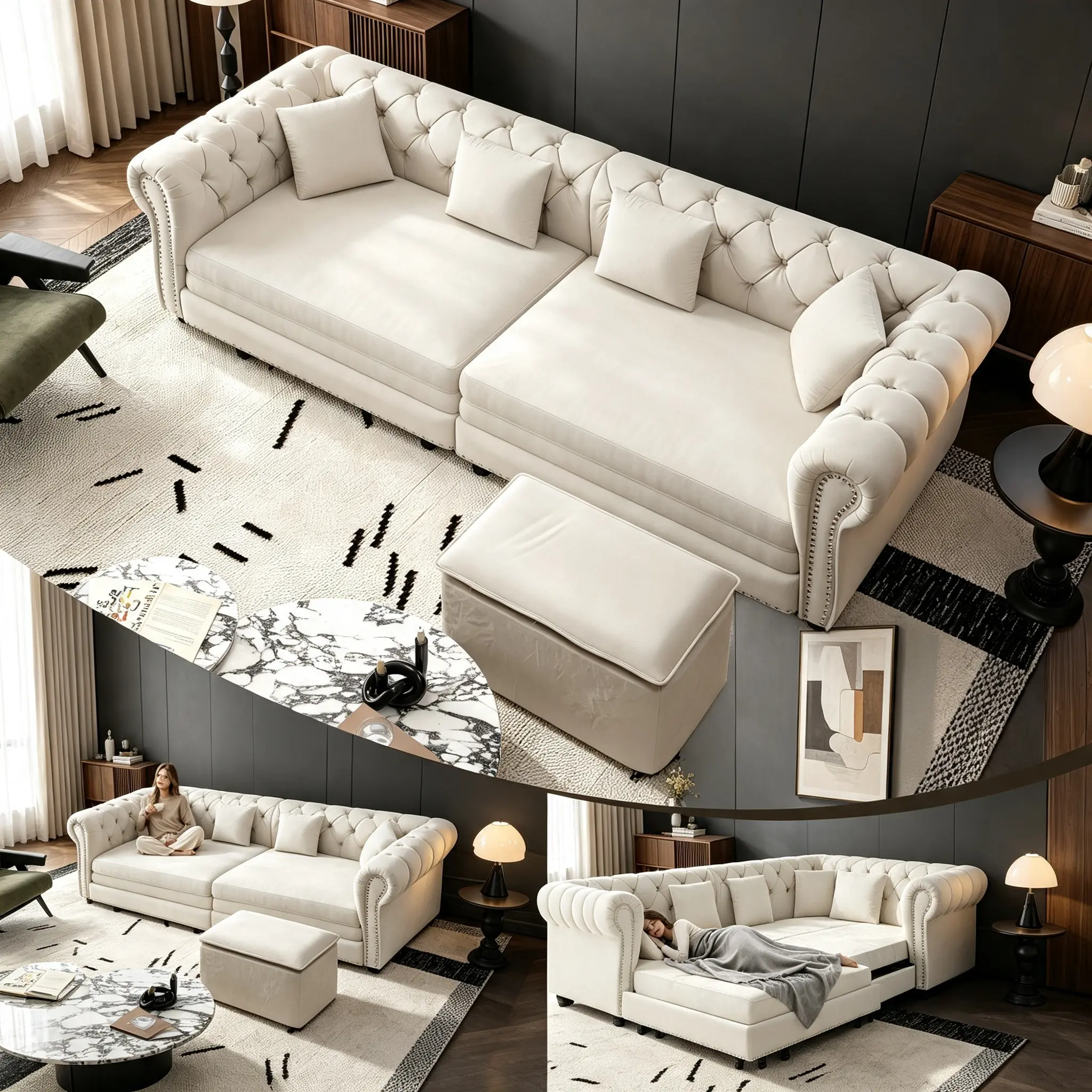 89" Chesterfield 3-in-1 Pull-Out Sofa Bed with Movable Ottoman. Velvet Tufted Convertible Sleeper, King Size Fold Out Couch, Recliner Function, 3-Seater Sectional, Deep Seat, Small Space Living Room Furniture.