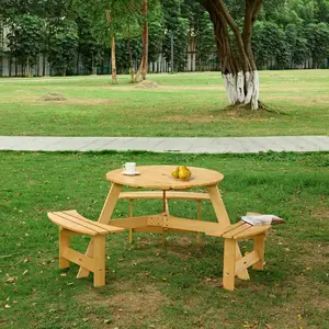 Outdoor 6 Person Picnic Table, 6 person Round Picnic Table with 3 Built-in Benches, Umbrella Hole, Outside Table and Bench Set for Garden, Backyard, Porch, Patio,  Natural   WL