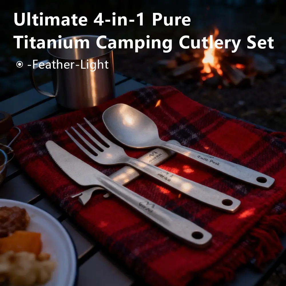 CastlePeak Pure Titanium Cutlery Set - 3-in-1 & 4-in-1 Camping Utensils with Spoons, Bottle Opener, Can Opener, Screwdriver, Mesh Bag - Portable Camp Kitchen Tableware for Outdoor Camping, Hiking, Travel Stuff, Camping Accessories, Ultra-Light