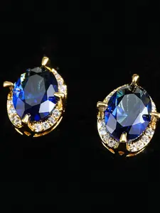 Classic sparkling egg-shaped sapphire blue synthetic zirconia golden yellow four-prong ladies' stud earrings, Party jewellery for women, High Quality Earrings, Shining Earrings