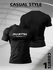 Men's Black Brazilian Jiu-Jitsu Casual T-Shirt - Minimalist Graphic Crew Neck Micro-Elastic Tee for Gym & BJJ Training, Trendy Bold Statement Piece