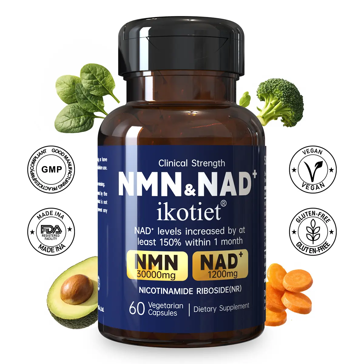 IKOTIET NMN & NAD 2-in-1 Non-GMO Dietary Supplement Capsules - With Magnesium, Vitamin C, Resveratrol, CoQ10, NAD+ Precursors, Natural Ingredients; Supports Metabolism, Hair, Skin, Nails Health