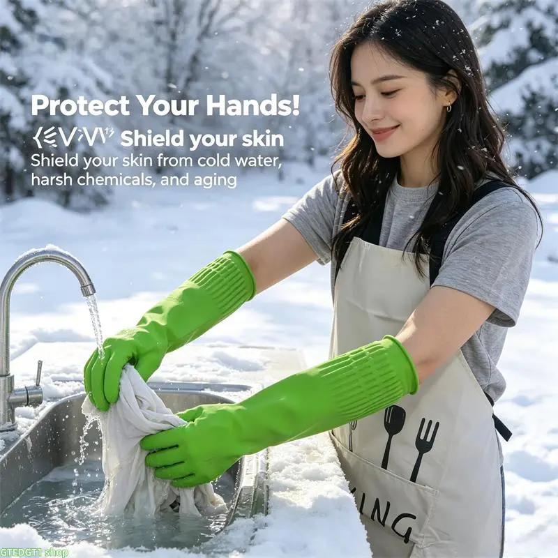 Long Cuff Rubber Housework Gloves Non Slip Waterproof Reusable Hand Protector With Hang Tab For Dish Washing Bathroom Cleaning Laundry Washing Vegetables Yard Gardening Daily Home Chores