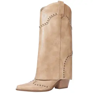 RONILURN Women's Fold-Over Mid-Calf Chunky Heel Snip-Toe Cowboy Cowgirl Pull-On Studded Boots Beige Casual Footwear Stylish
