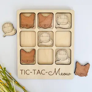 Cat Tic-Tac-Toe Game – Travel-Sized Wooden Cat Lover Gift by Birch House Living