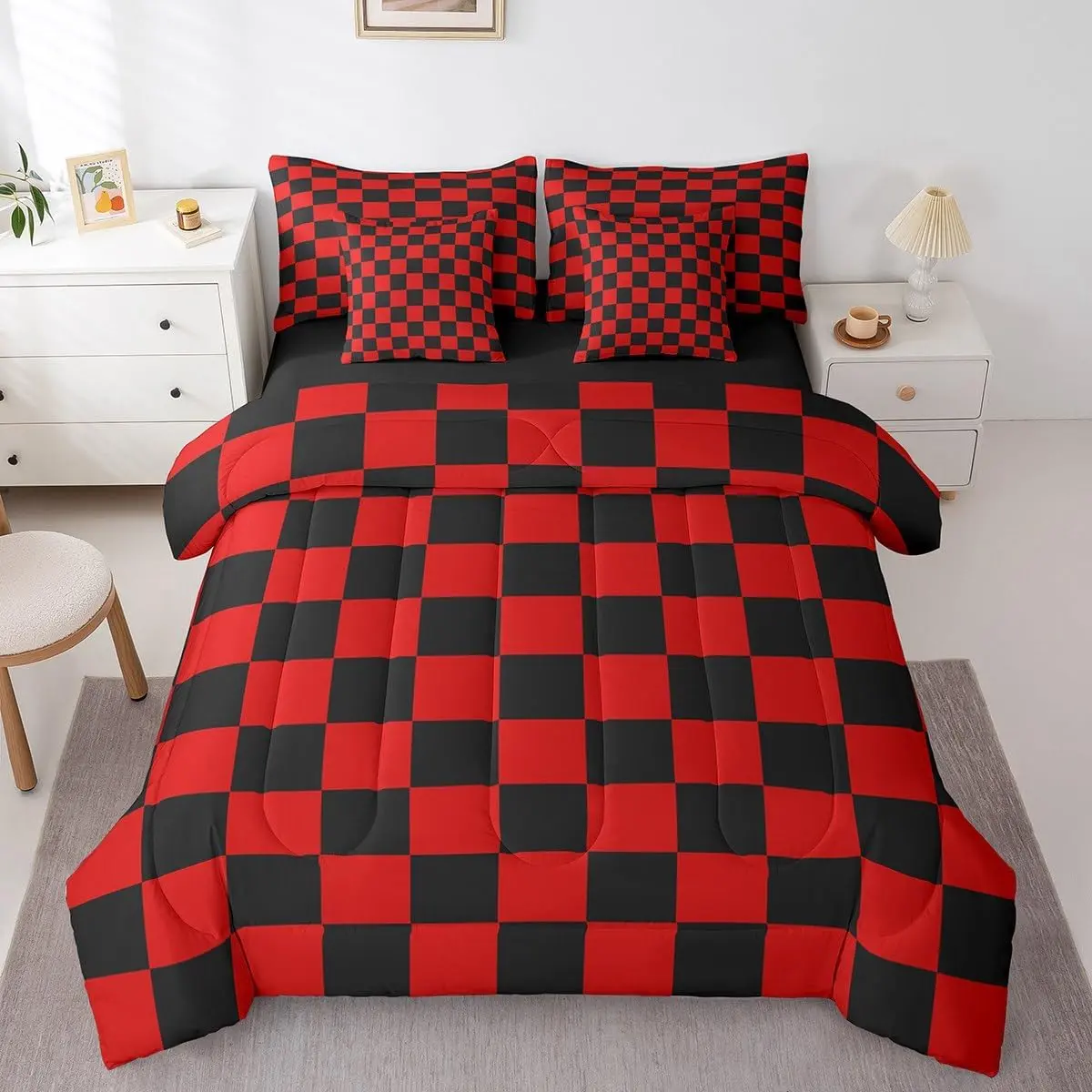 Feelyou 7-Piece Microfiber Queen Bed Comforter Set - Red Black Retro Checkerboard Plaid Bed-in-A-Bag with Sheets for Teens, Queen Comforter Set, Checkered Bedding Set, Bedding Sets Collections