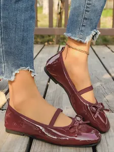 Women's Square Toe Bow Decorated Wine Mary Jane Shoes, Casual Flats, Comfortable Casual Slip-On Flat Shoes, Perfect Valentine's Day Gift
