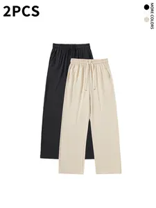 2-pack summer pants made of pure cotton with a linen feel; street-style drawstring cotton-linen pants that are comfortable, breathable, loose, and versatile for travel and casual wear, suitable for everyday wear and parties.