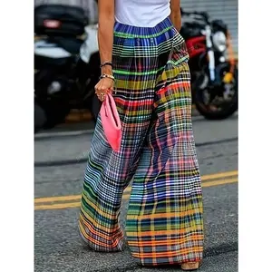 Street Style Checkered Broad Bottom Trousers for Ladies �C Fashionable High Rise Pants for Casual Wear Fit Leg Fabric Womenswear Polyester Comfort Plaid Multicolor
