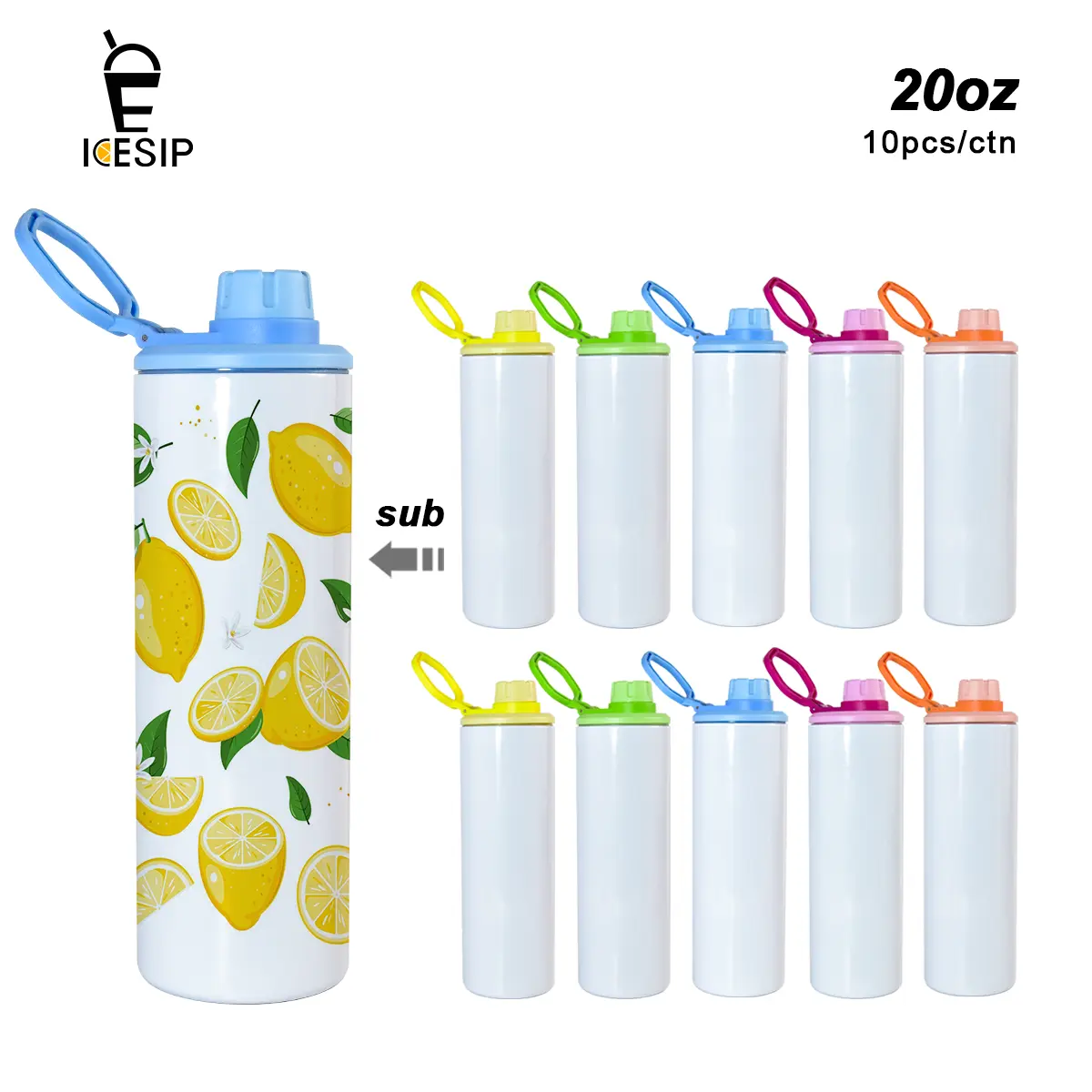 Icesip 20 OZ Sublimation Stainless Steel Insulated Tumbler Set (10 Cups/Carton) with Rubber Bottom, Shrink-Wrapped, High-Temp Tape for Business DIY Gifts