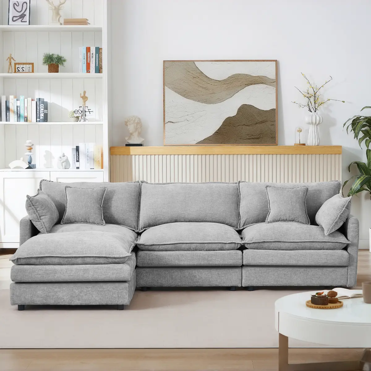 102"w x 59"d x 34.2"h L-Shaped Modular Sectional Sofa, 4-Seat Chenille Upholstered Couch with Sponge Cushion, Ottoman & Pillows, Living Room Decor Couch for Living Room Apartment, 177.69 lbs Grey