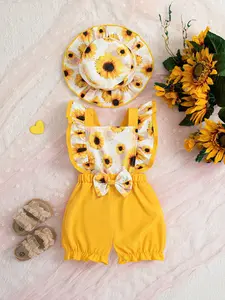 Baby Girls Valentine's Day Sunflower Bow Cross Back Romper + Hat, Perfect for Outdoor Wear, Cute and Comfortable for Toddlers