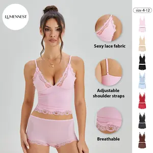 LUMENNEST Lounge Women's Minimalist Lace Series Spaghetti Strap Lace Trim Wirefree Breathable V-Neck Camisole & Panties Set, Basic Underwear Set
